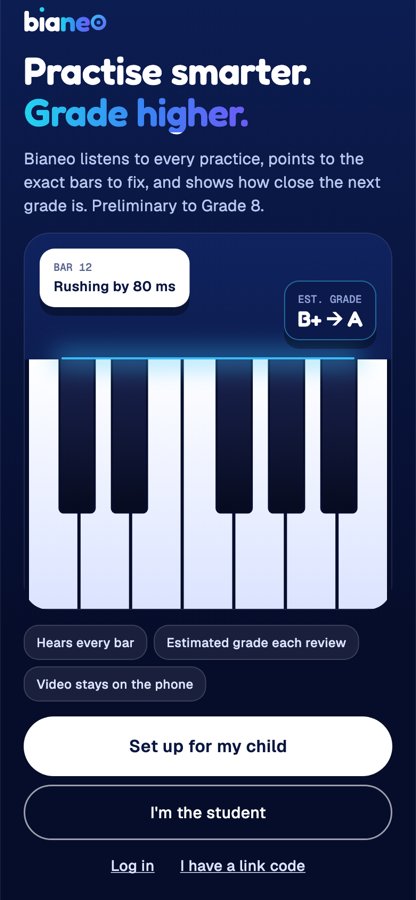 The Bianeo app: practise smarter, grade higher, with feedback such as 'Bar 12, rushing by 80 ms' and an estimated grade.
