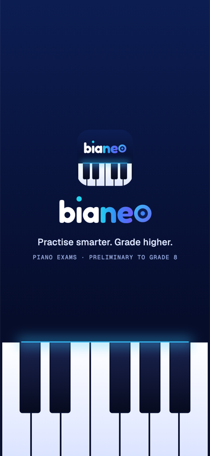 The Bianeo app opening screen with its wordmark on a glowing keyboard.